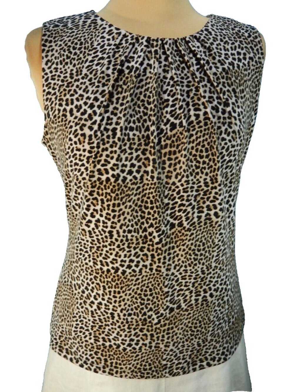 Calvin Klein Cheetah Pleated Neck Tan Cream & Brown Sleeveless Career Medium EUC